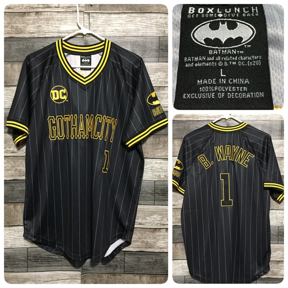 DC Batman Gotham City B. Wayne #1 Jersey Shirt Men’s L Black Pinstripe BoxLunch